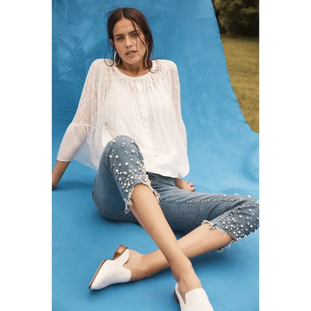 Pilcro Hyphen Pearl Mid-Rise Relaxed Boyfriend Jeans 25 Petite Embellished Crop - Picture 16 of 16